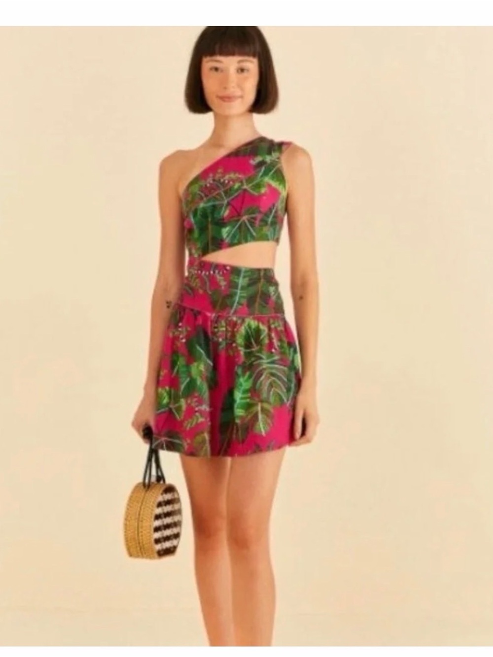 FARM Rio Pink & Green Tropical One-Shoulder Mini Dress